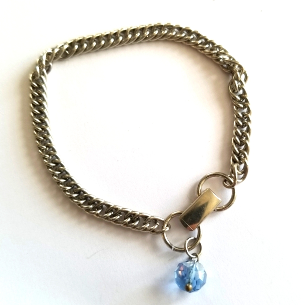Vintage charm bracelet silver tone blue crystal bead